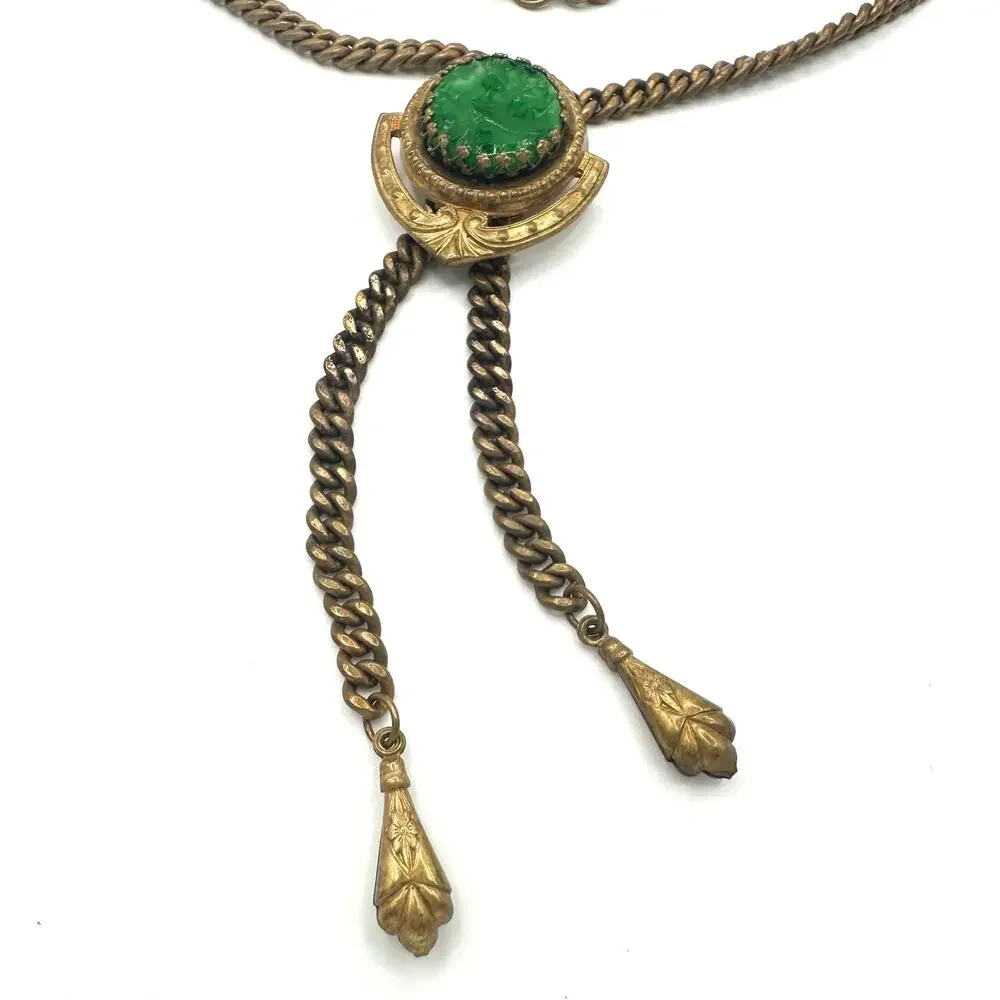Antique vintage Victorian Revival brass molded green glass slider fob necklace